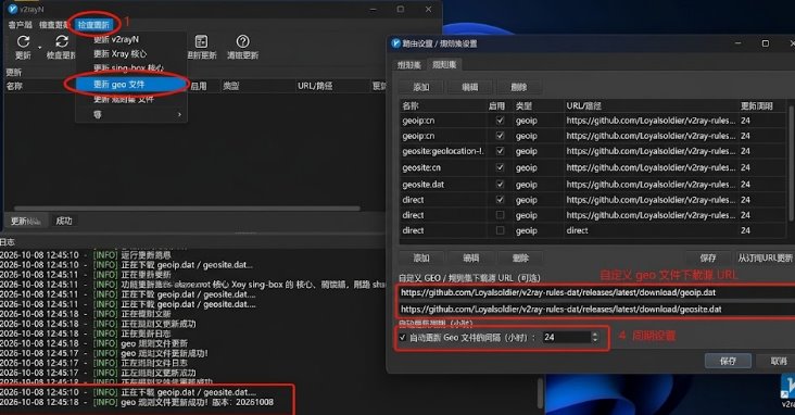 v2rayN 路由设置外部规则集订阅与更新 geo 文件