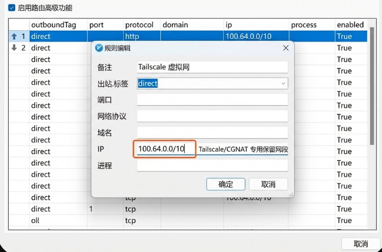 v2rayN路由高级设置中配置Tailscale与FRP内网穿透网段直连